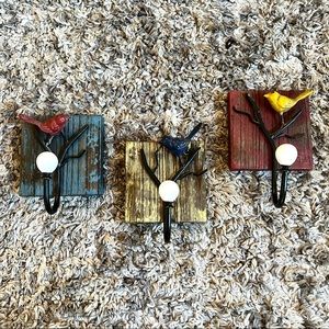 Farmhouse style Rustic 3pc bird wooden wall coat / purse hooks - Bohemian 5”x5”